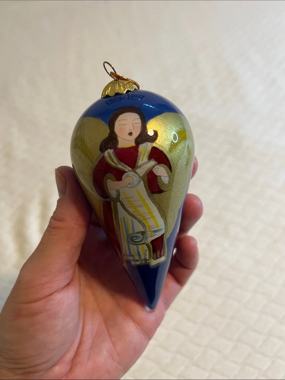 Pier 1 Christmas Angel Blue and Gold Hand-Painted Teardrop Holiday Ornament